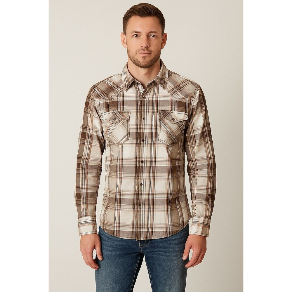BKE Buckle Black Shirt Mens XL Brown Plaid Pearl Snap Country Western‎ Relaxed